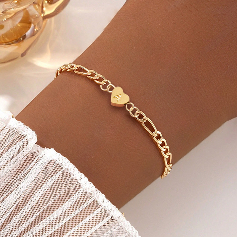 Simple stainless steel heart-shaped letter bracelet with real gold inlay, peach heart bracelet, women's bracelet, letter bangle, bracelet Simple stainless steel heart-shaped letter bracelet with real gold inlay, peach heart bracelet, women's bracelet, letter bangle, bracelet
