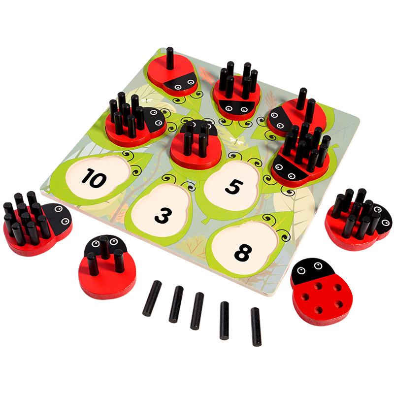 Montessori Digital Enlightenment Madera Ladybug Stick Number Stick Matching Puzzle Educación temprana para niños Número de juguetes cognitivos