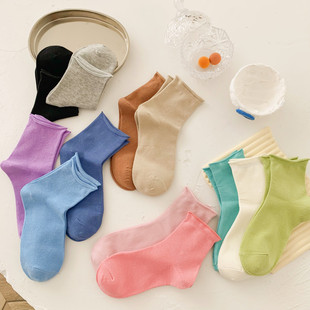 Cream Color Sakura Powder Curl Socks Women's Spring and Summer Thin Medium Tube Loose Socks Basic All-match Solid Color Cotton Socks