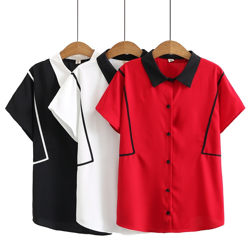 K71大码女装春夏装新款胖mm显瘦宽松两色撞色衬衣上衣2082|ru