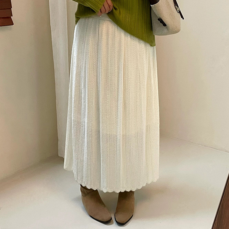 Women's elastic waist, wavy lace knit midi skirt, 2026 autumn collection, plus-size, versatile, flowing long skirt NQ1613