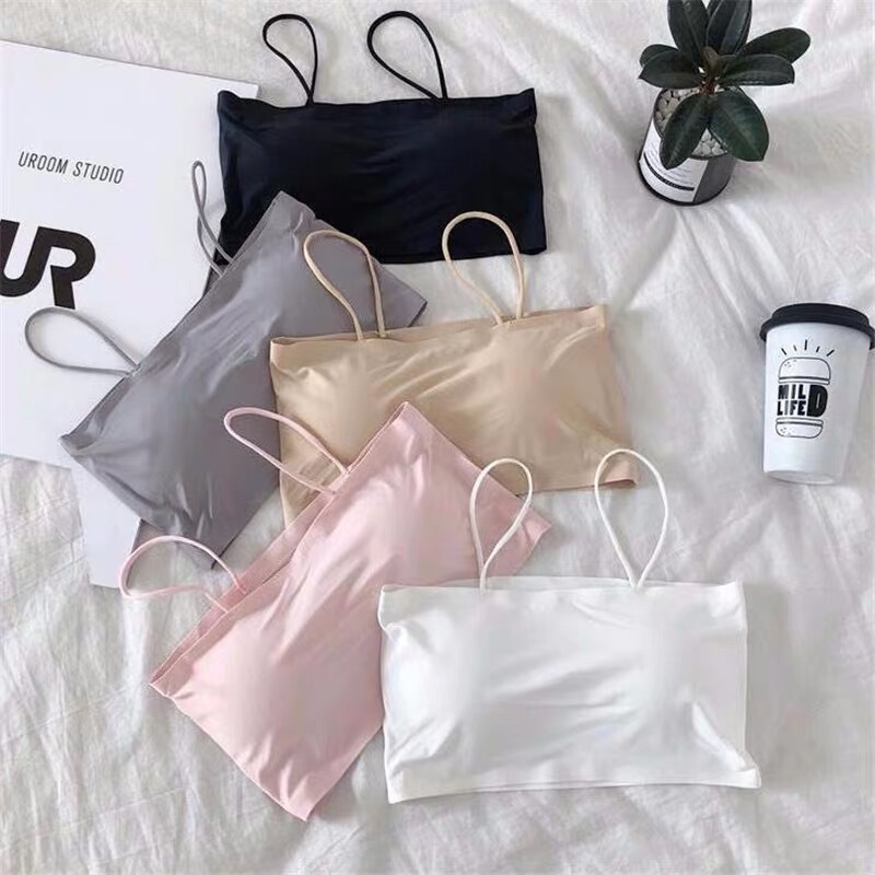 Foreign Trade Ice Silk Traceless Girl's Vest One-piece Sling Base Solid Color Anti-walking Gather Breathable Beautiful Back Underwear Foreign Trade Ice Silk Traceless Girl's Vest One-piece Sling Base Solid Color Anti-walking Gather Breathable Beautiful Back Underwear