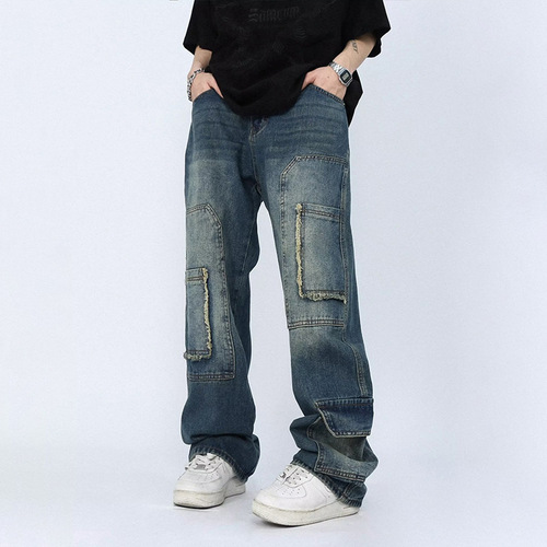 2025 Autumn/Winter New American Retro Loose Distressed Straight Leg Wide Leg Floor-Length Casual Pants for Men