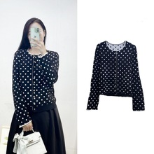 跨境女装法式波点秋春穿搭软糯开衫毛衣外套女外搭针织衫短款上衣
