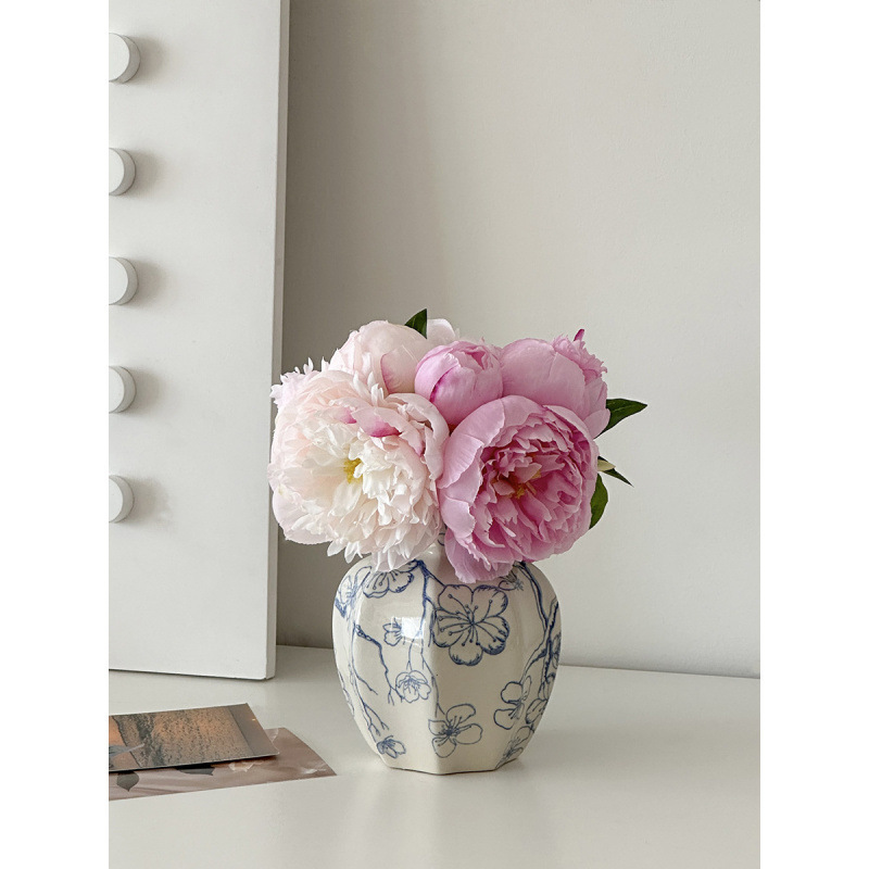 Nuevo jarrón de cerámica azul china nueva decoración de estilo chino sala de estar floral decoración de vestíbulo de estilo antiguo peonía floral