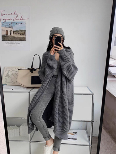 Sweater coat for women 2026 autumn and winter lazy trend medium and long over-the-knee loose all-matching base long-sleeved knitted cardigan
