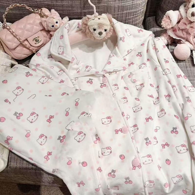 超萌满印凯蒂猫睡衣女秋冬季保暖德绒长袖长裤套装美少女家居服|undefined