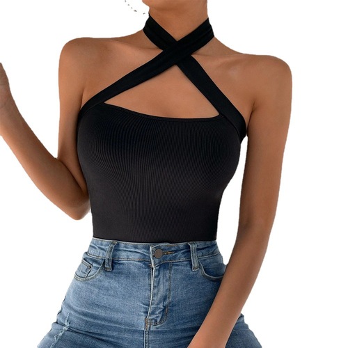 European and American new women's clothing Amazon Internet celebrity style solid color halter cross vest knitted sexy slim top for women