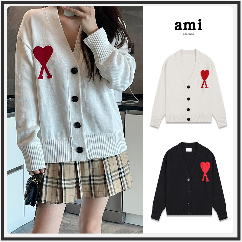 Ami Knitted Cardigan 25Ss Autumn and Winter New High Weight Heart Embroider Loose Top V Neck Wool Sweater Jacket