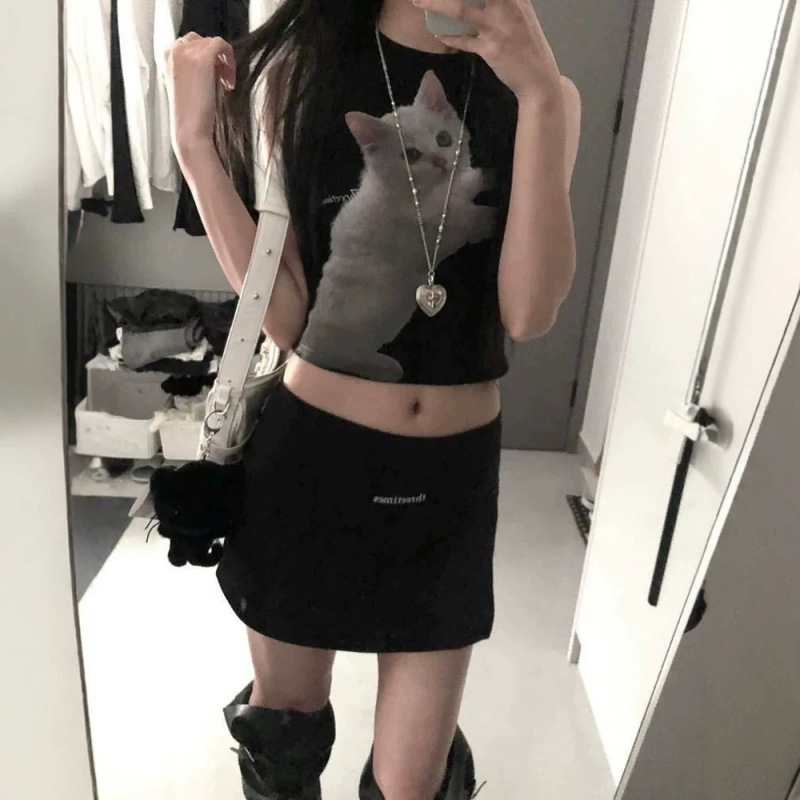 In-Stock Korean-Style Cat Print Tank Top for Women, Summer Slim-Fit Sexy Slit Skirt Short Dress