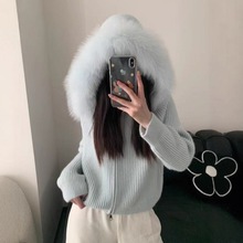 KN连帽可拆卸大毛领针织开衫2025秋冬新款设计感女装软糯毛衣外套