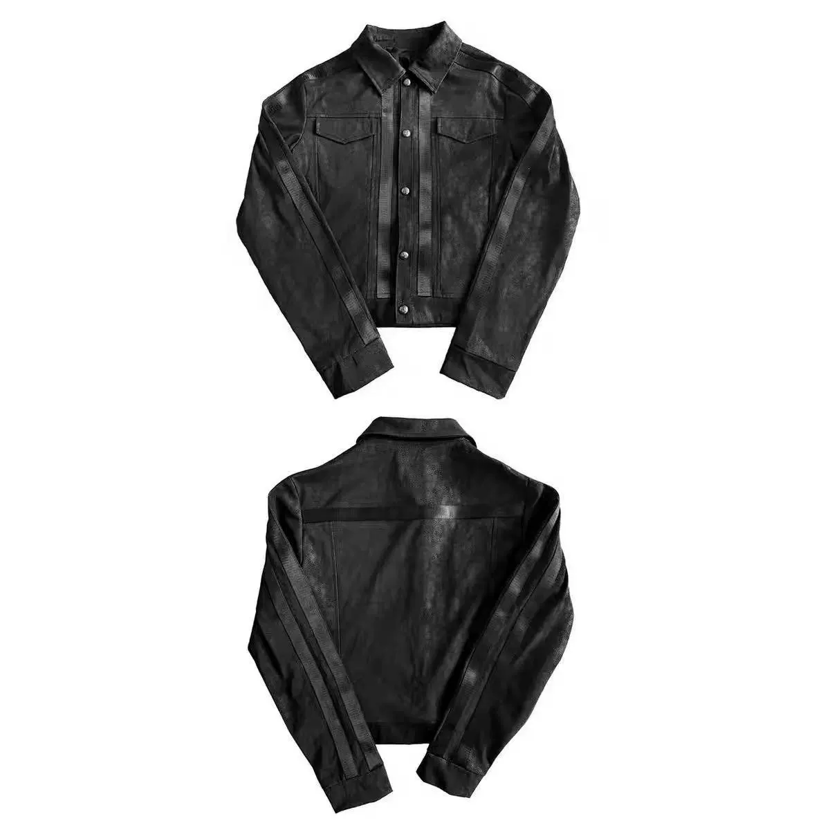 街头风朋克皮衣夹克女秋冬条纹拼接黑色正肩外套视觉系修身上衣潮