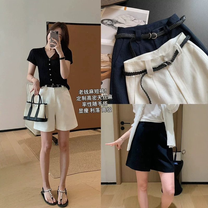 Old Money Linen Shorts! Casual Tencel Linen Woven Belt A-Line Shorts High-Waisted Slimming Casual Pants for Women