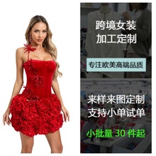 独立站高级重工绒面挂脖绑带胸衣搭配花朵蓬蓬裙 礼服套装定制