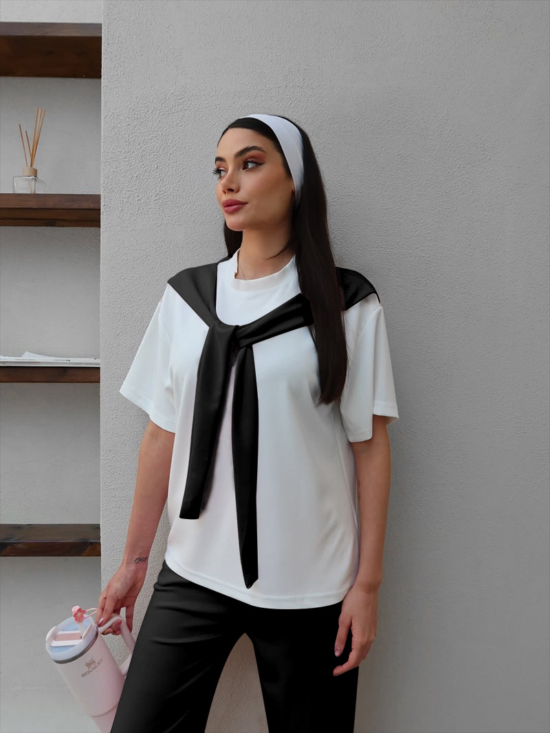 Women's Clothing Women's Faux Wrap Short Sleeve Top And Straight Leg Pants Set Patchwork White Round Neck Summer Fashion Casual Outfit_ecoleips.com