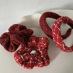 New Year Red Series Velcro Band and Scrunchie Combo for Women High Crown Headband Texture Plaid Versatile Autumn/Winter New Fashion Hair Accessory