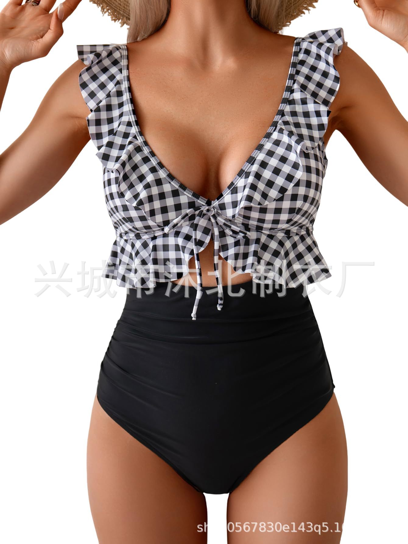 2026 Amazon Europa y los Estados Unidos nuevos trajes de baño unidireccionales mujeres abdominales de cuello V trajes de baño plegados delgados trajes de baño con bordes huecos image 9