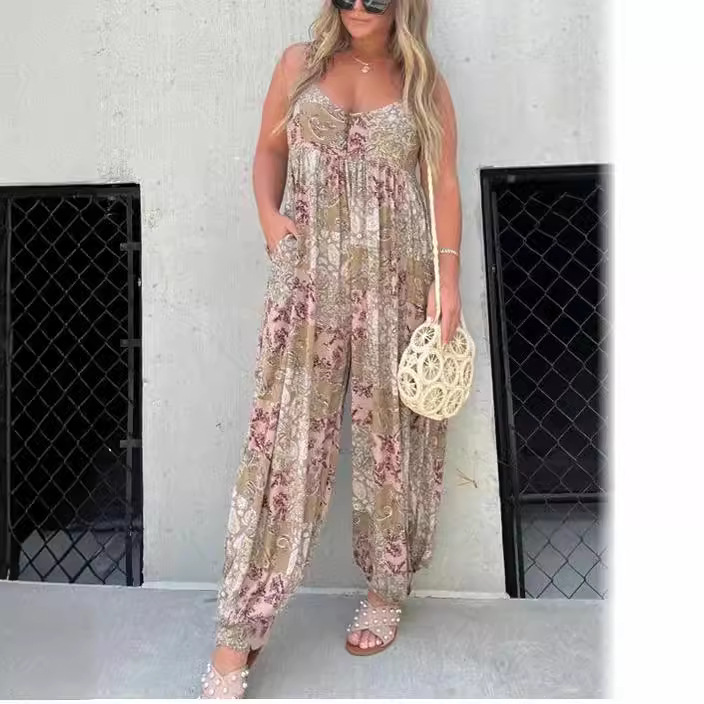 25 Amazon Wish Unique Cross-Border Hot Product Ebay Women's High Waist Trendyy Loose Printed Shoulder Strap Jumpsuit