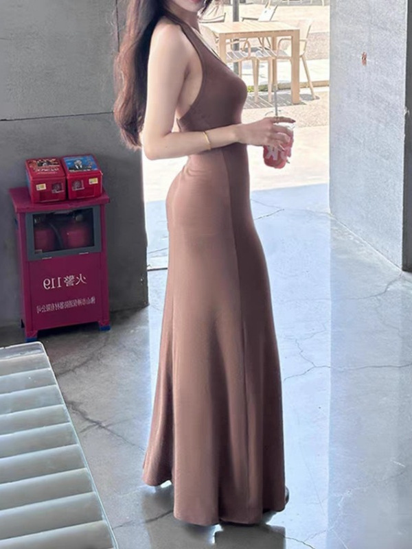 露思同款 挂脖气质修身紧身包臀裙子露背连衣裙长裙|undefined