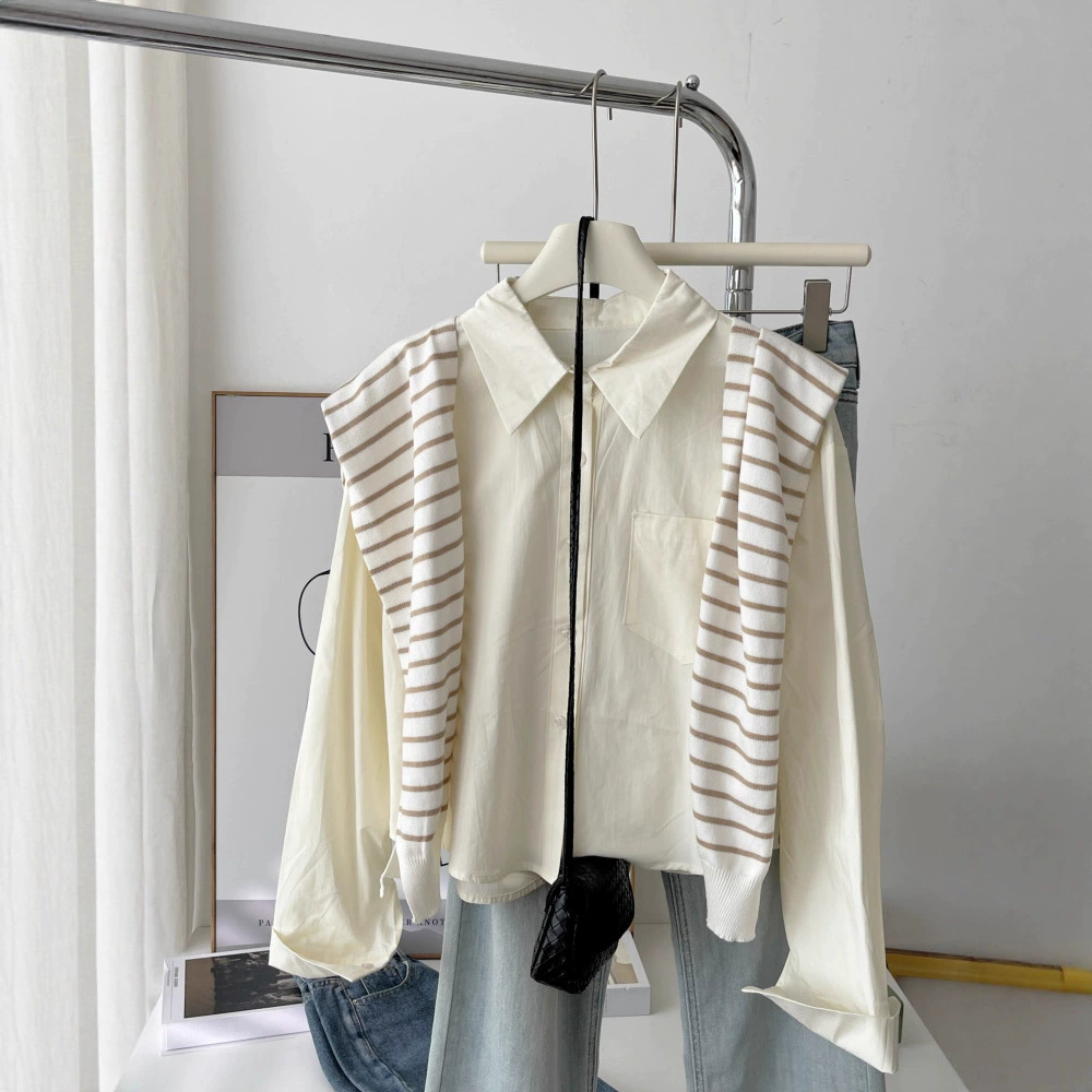 Набор из двух частей в полоску трикотажный шаль мягкая молочная голубая короткая белая рубашка с длинными рукавами топ женская весна и осень простая свободная рубашка