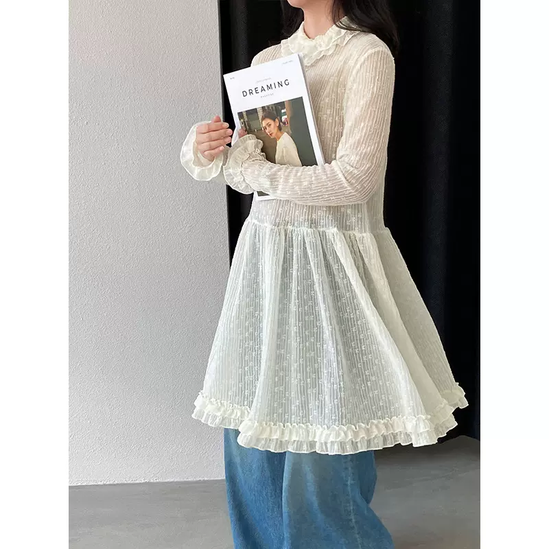 江左 心动浅春系 温柔木耳边蕾丝连衣裙26春薄款花边叠穿裙 6502