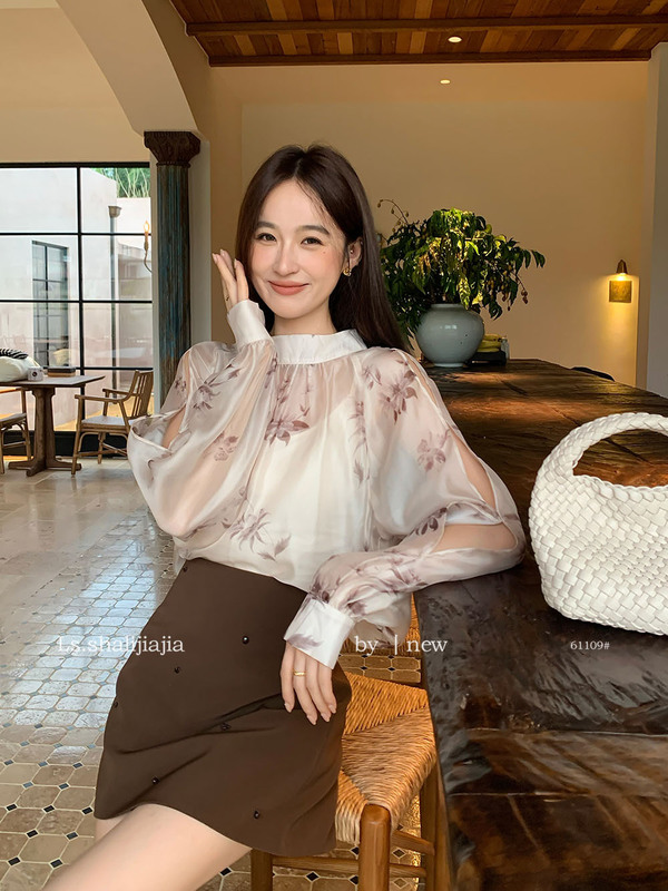 LS 优雅气质甜美印花雪纺小衫 广州十三行2025早秋新品女装61109#|undefined