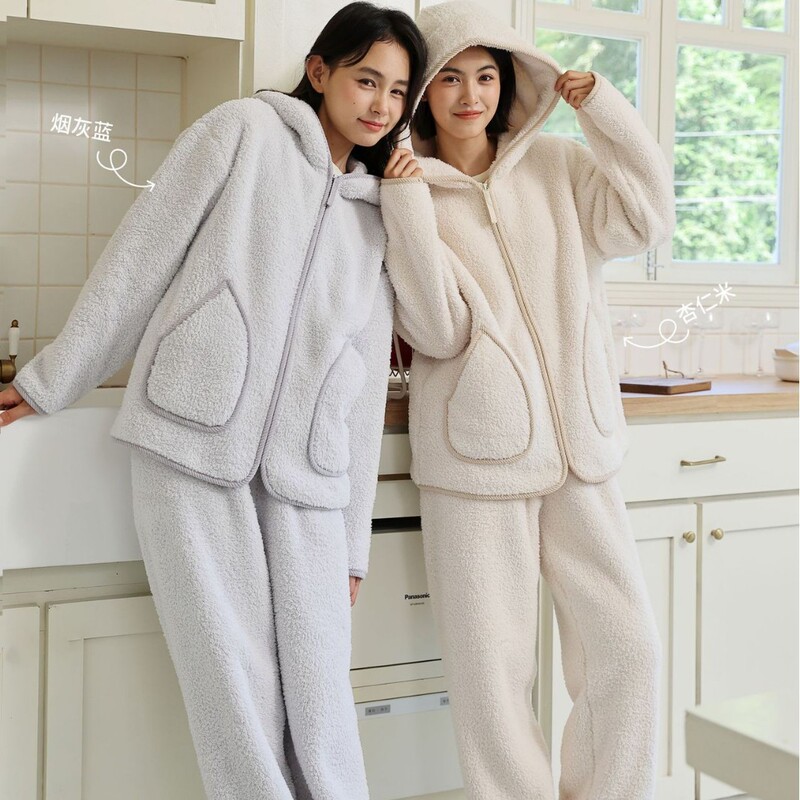 In Stock 822 Warm Fleece Loungewear Women's Cardigan Hooded Zipper Set Can Be Worn Outside Comfortable Warm Thickened Pajamas Winter