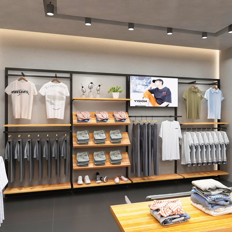 Tienda de ropa deportiva soporte de exhibición piso estante para hombres centro comercial estante de ropa casual de gama alta pared tienda de ropa para hombres