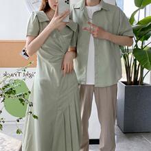 夏季绿色系情侣装夏季设计感感收腰宽松polo领短袖褶皱连衣裙