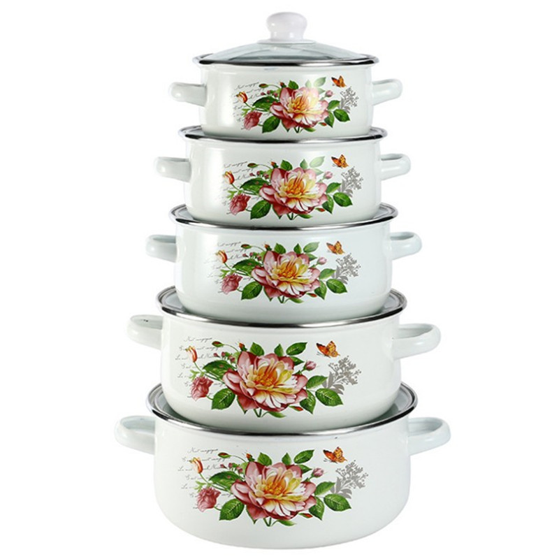 Olla de hierro esmaltada, olla esmaltada con doble asa, olla para sopa de esmalte grueso, olla para guisos, olla para cocinar, juego de cinco piezas