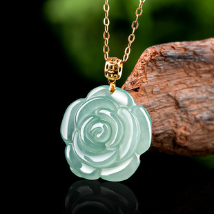 Authentic Natural A-Grade Jade 18K Gold Buckle Blue Water Rose Jade Pendant Ice Seed Pendant Women's Simple