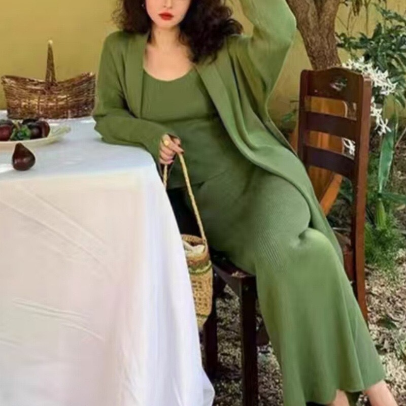 外贸高端针织毛衣三件套女2025秋冬新款坑条开衫背心阔腿裤套装|undefined