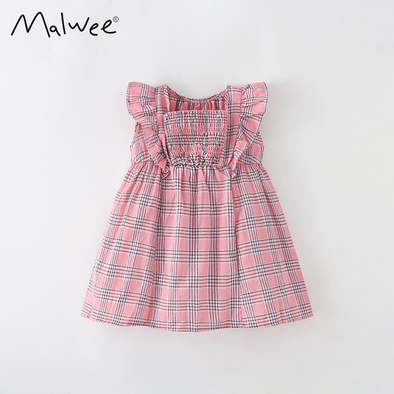 En stock malwee niñas princesa vestido verano nuevo europeo y americano niños casual Plaid cuello redondo vestido de los niños