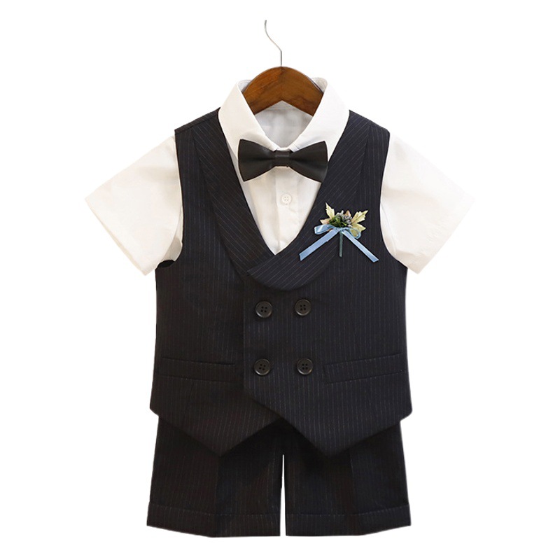 Children's Suits, Spring and Summer Fashionable Stripesd Vests, Short-Sleeved Suits, Boys' Host Performance Clothes, Kidsren's Flower Girl Dresses