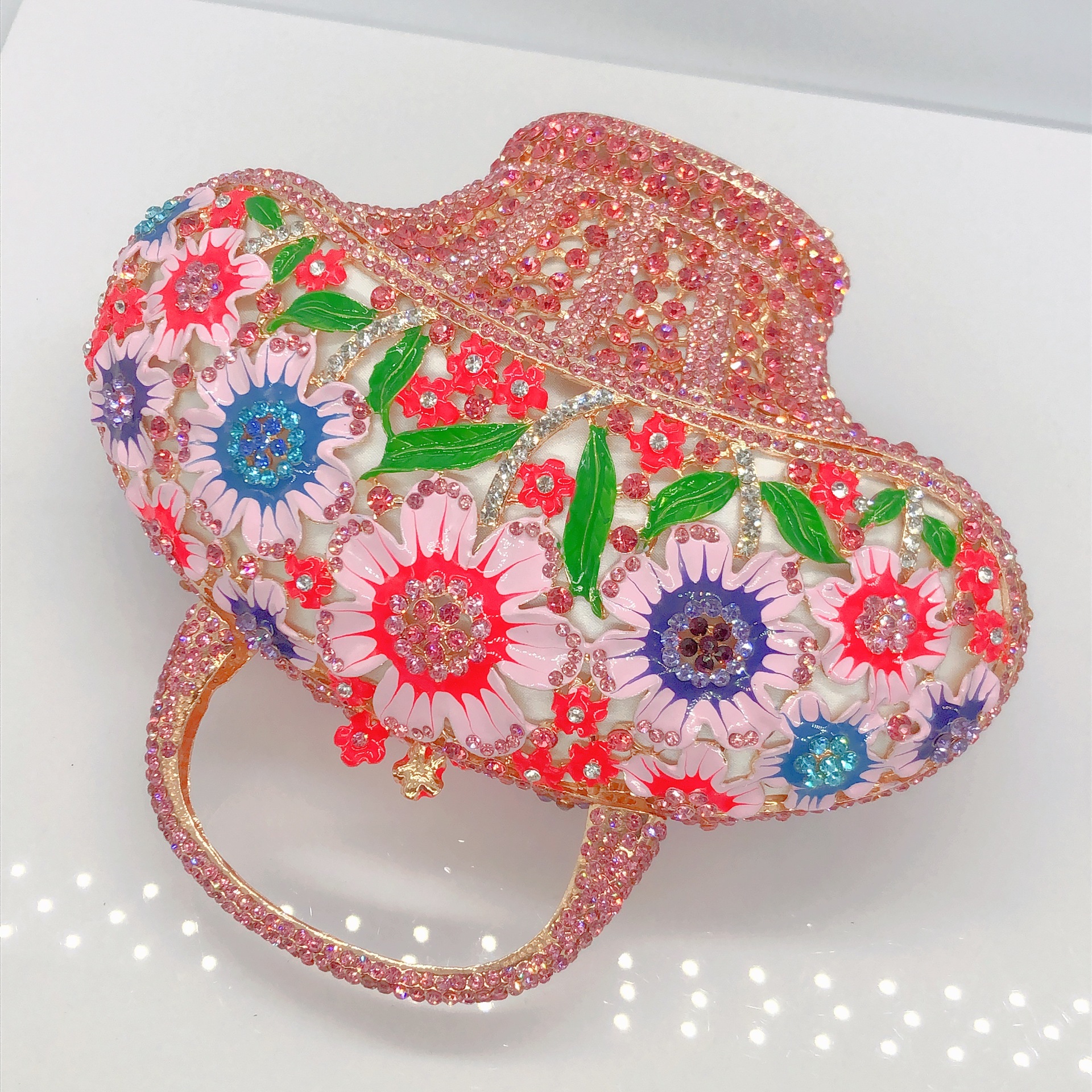 Túi clutch cầm tay giỏ hoa đính kim cương phong cách Hàn Quốc — Phấn màu/Hoa Hồng chi tiết 13