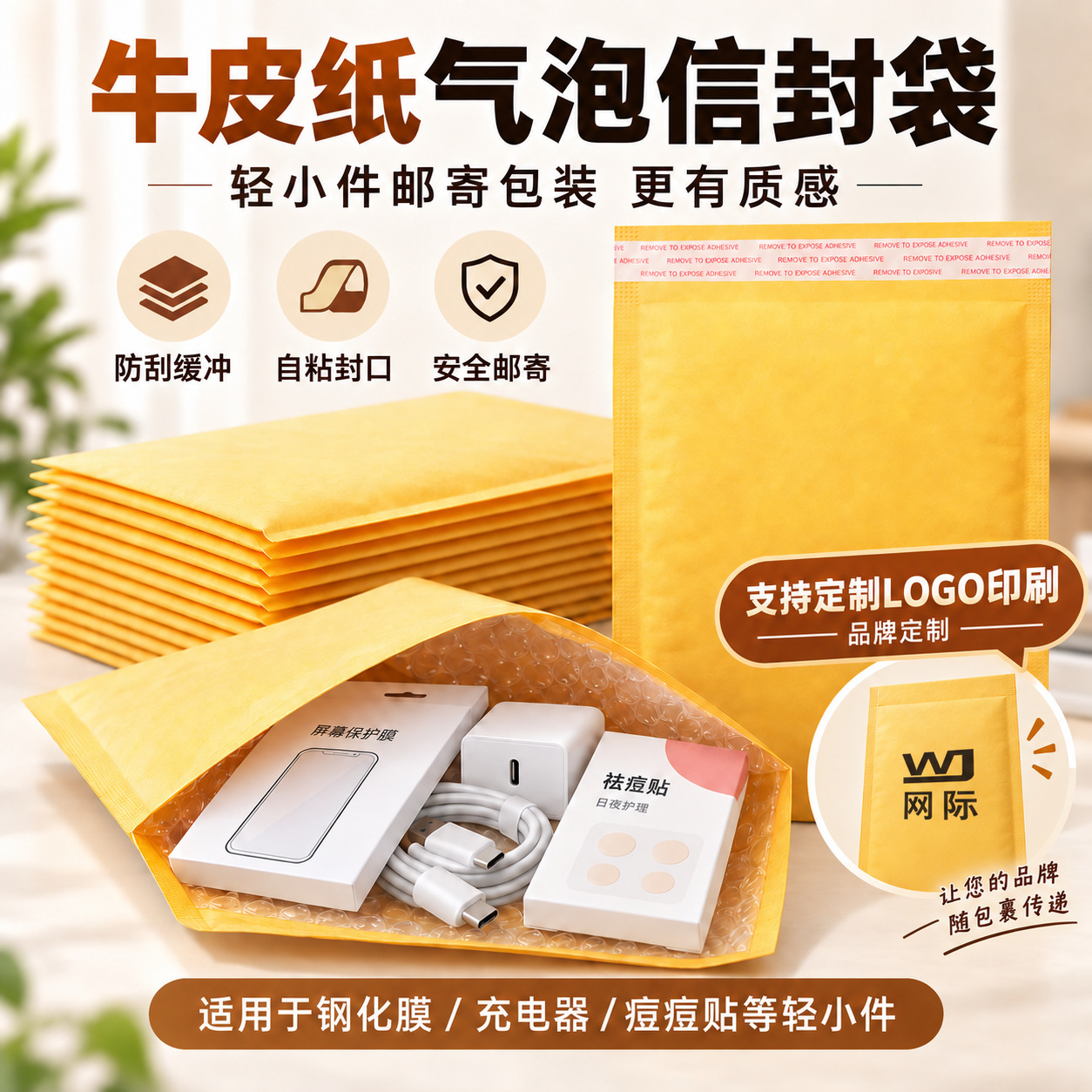 加厚黄色牛皮气泡袋自黏袋电商打包快递用袋子批发自粘防震泡沫袋