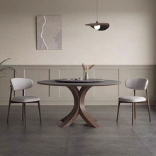 哑光岩板餐桌圆形带转盘8人餐台现代简约意式高端白蜡木实木圆桌