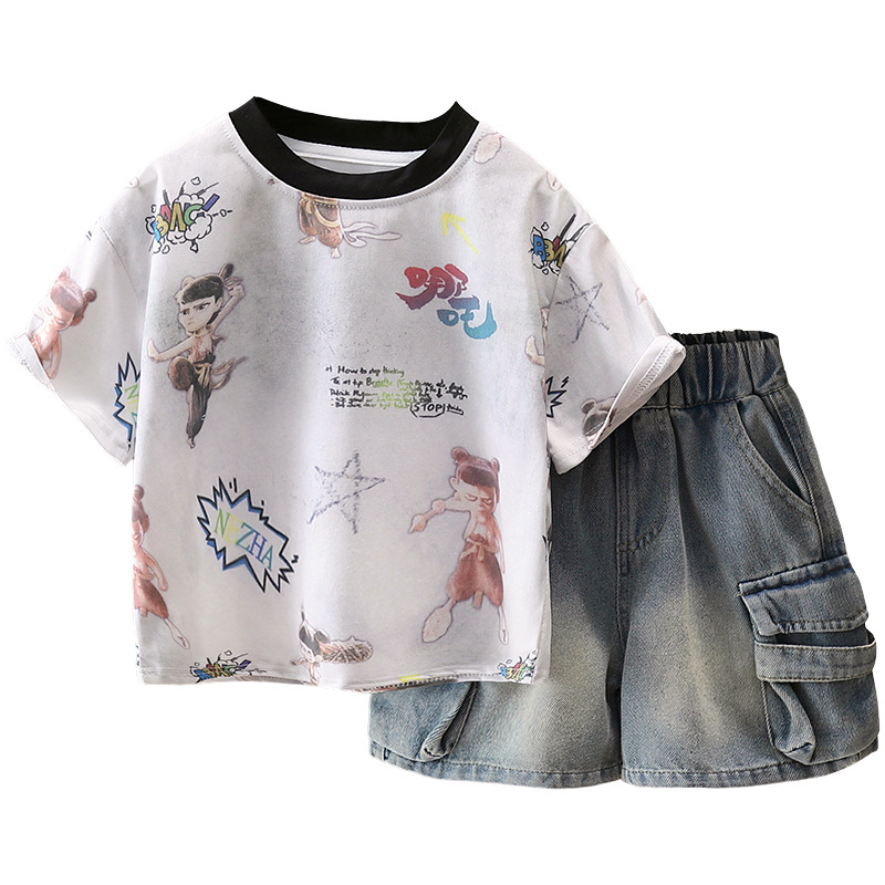 7271 Traje de niño Camiseta con estampado Nezha de manga corta de verano 2025 nuevo traje de dos piezas de verano para niños 5