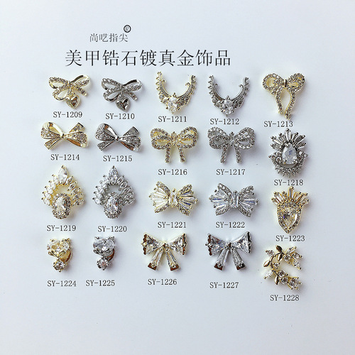 Nail art plated with real gold zircon jewelry love bow full zirconium bow internet celebrity same style streamer bow manicure