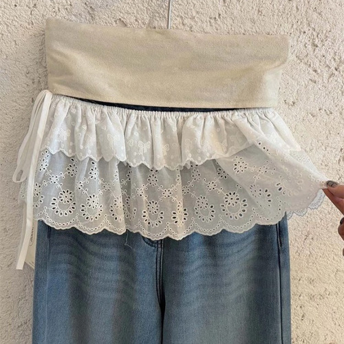 Korean-style embroidered white lace-hole design semi-slip dress French spring lace tulle mini skirt ballet style