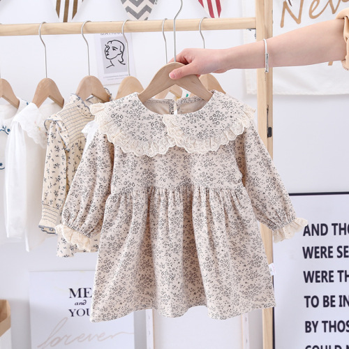 Children's Dress Spring and Autumn New Style Girls' Fashionable Lace Collar Floral Long Sleeve Dress Korean Style Skirt