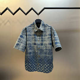 毒家品质26ss高版本美潮男士高端皮革贴饰苏格兰格纹短袖牛仔衬衣