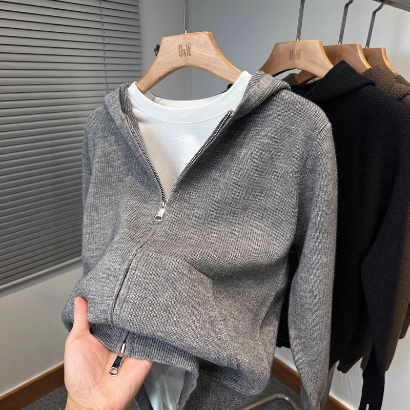 2025 Autumn and Winter Double Zipper Hooded Knitted Cardigan Men's Pure Color Versatile Sweater Jacket for Young and Middle-Aged Casual Outerwear
