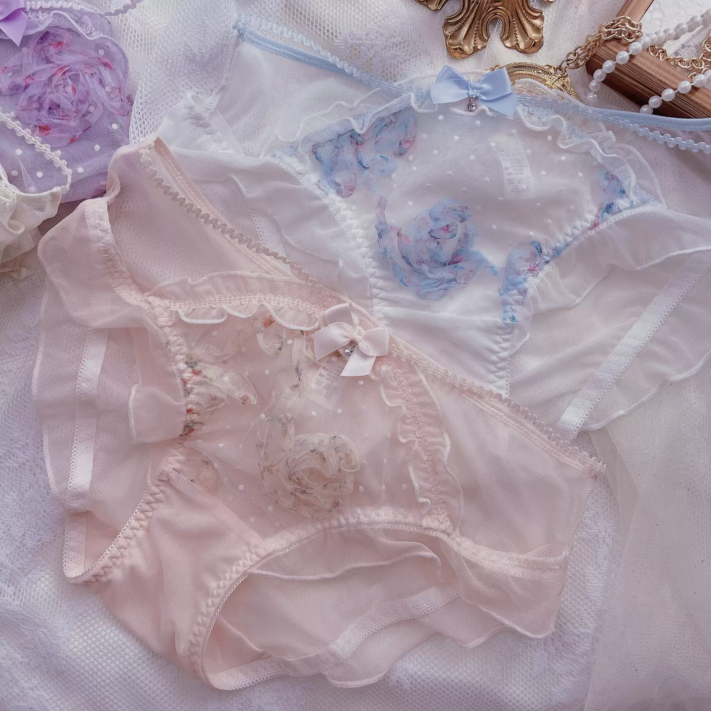 少女网纱内裤中腰镂空立体印花透气荷叶边蝴蝶结甜美三角裤纯棉裆