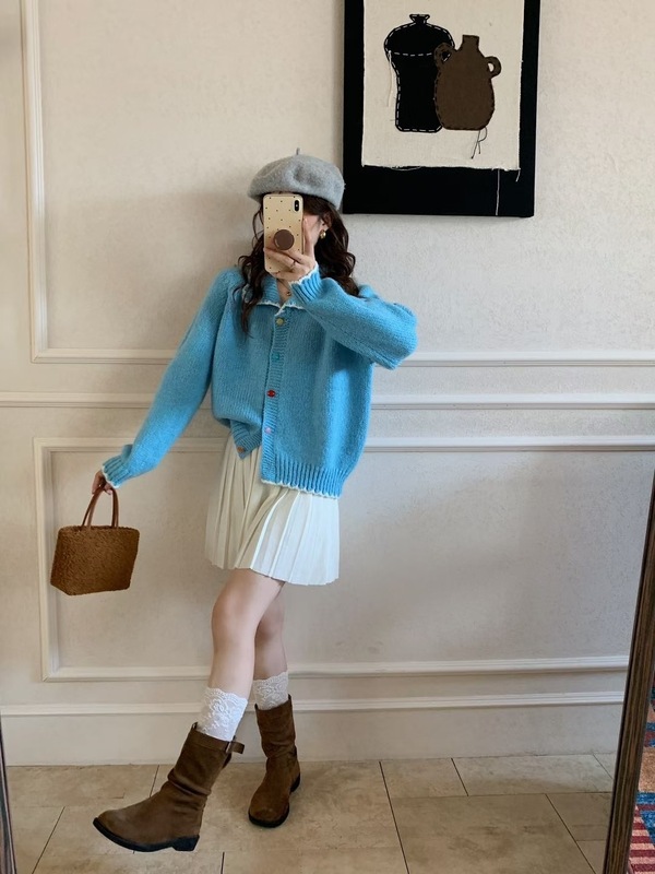 韩系拼色娃娃领彩扣针织开衫女2025秋冬新款宽松百搭软糯毛衣外套|undefined