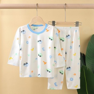 Children's Pajamas Summer Thin Tencel Modal Lyocell Boys and Girls Medium Long Sleeve Air-Conditioned Clothes Home Clothes