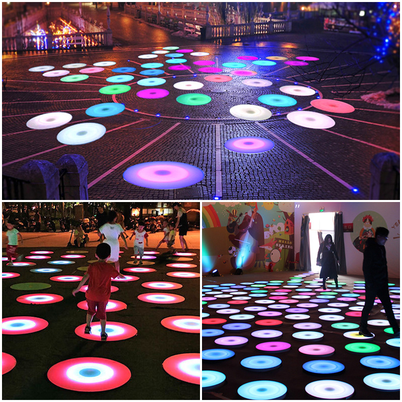 LED luz redonda inducción piso azulejo luz música interactiva piso luz pedal color cambiante ronda decoración impermeable al aire libre
