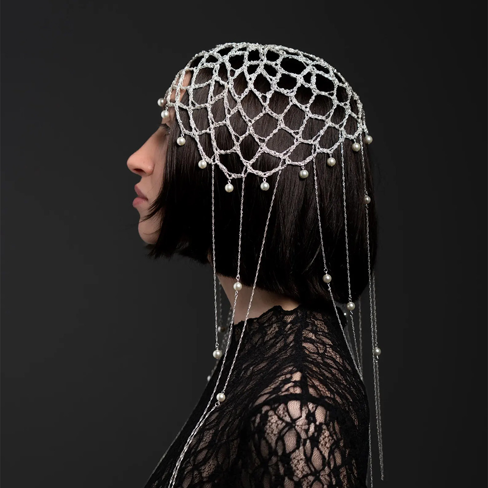 European and American vintage pearl long tassel hair chain net headpiece with unique design, suitable for parties and banquets