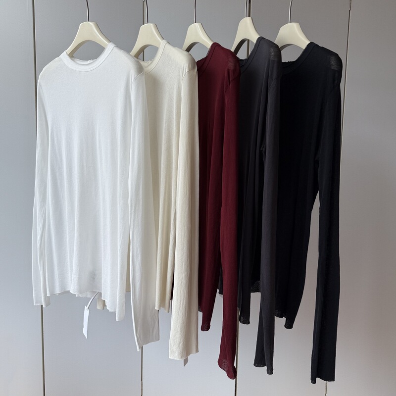 Jin Imported 100 Australian Long-Staple Cotton 80-Count Weaving! Raw Edge Round Neck Lightweight Comfortable Loose Long-Sleeved T-Shirt for Women Autumn