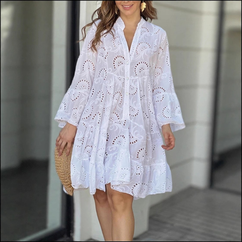 2025 European and American Cross-Border Spring and Summer Amazon Pure Color V Neck Loose Embroidered Cut Out Lace Flower Sexy Dress 2025 European and American Cross-Border Spring and Summer Amazon Pure Color V Neck Loose Embroidered Cut Out Lace Flower Sexy Dress